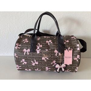 Juicy Couture Simply Sweet Weekender Duffel Bag Dark Brown W/Pink Bows Bow Charm
